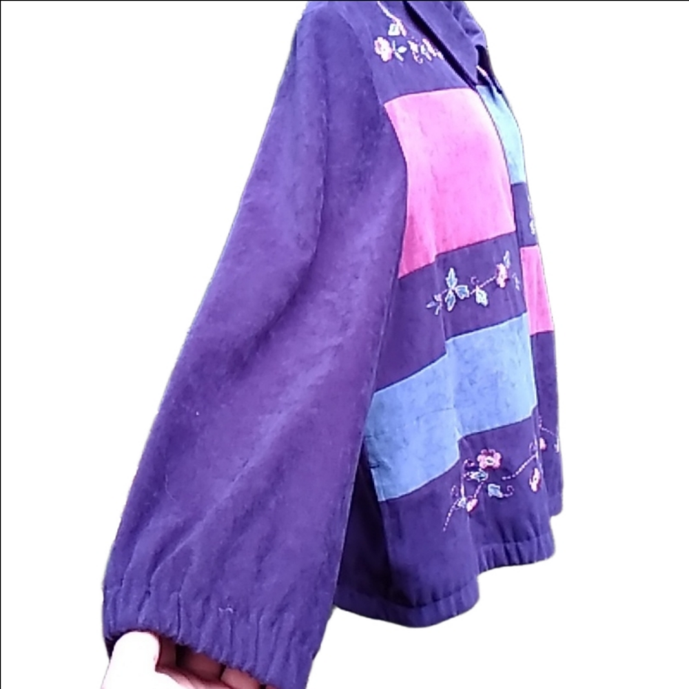 TanJay Navy Colour Block Floral Embroidered Faux Suede Jacket Shell Size 16 - Picture 4 of 13